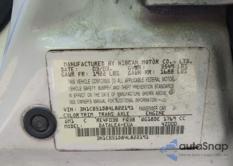 2004 Nissan Sentra 1.8S из США, поврежденный, VIN 3N1CB51D84L822191